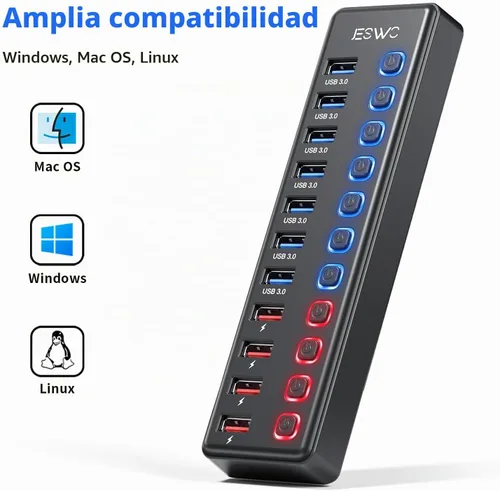 Vista 4 de Hub USB alimentado, concentrador USB 3.0 de 11 puertos JESWO (7 puertos de transferencia de datos + 4 puertos de carga inteligente)