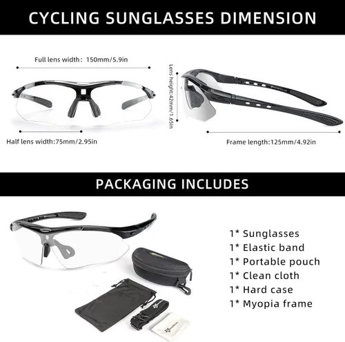 Vista 6 de ROCKBROS Photochromic Sports Sunglasses Mens Pickleball Glasses Cycling Glasses MTB Sunglasses, with Removable Elasctic Band