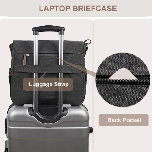 Vista 6 de Bolsa de mensajero de lona para hombres y mujeres, bolsa de viaje para laptop, maletín de negocios de 15.6 pulgadas