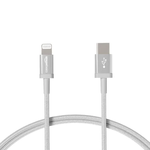 Vista 10 de Amazon Basics Cable de carga trenzado de nailon USB-C a Lightning de carga rápida con certificación MFi para iPhone y iPad de Apple, 3 pies, gris