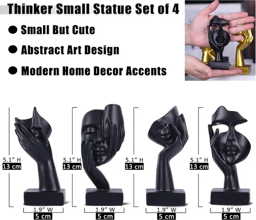 Vista 3 de Juego de 4 Figuritas de Pensador Abstracto Negro, Estatua Pequeña de Arte Facial para el Hogar para Decoración de Acentos Dormitorio de Mujeres