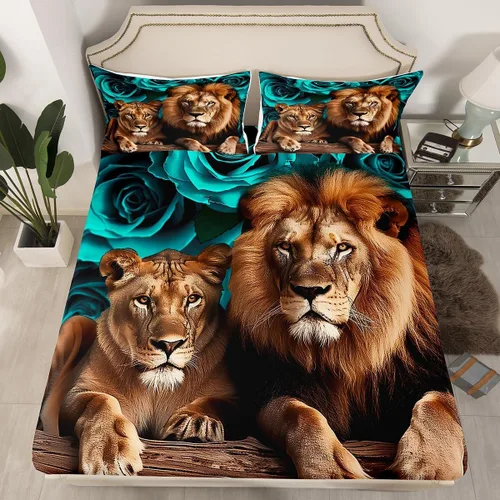 Vista 30 de Erosebridal Juego de sábanas bajeras de rosas rojas y leopardo, tamaño individual, diseño de animales africanos salvajes, diseño de plantas