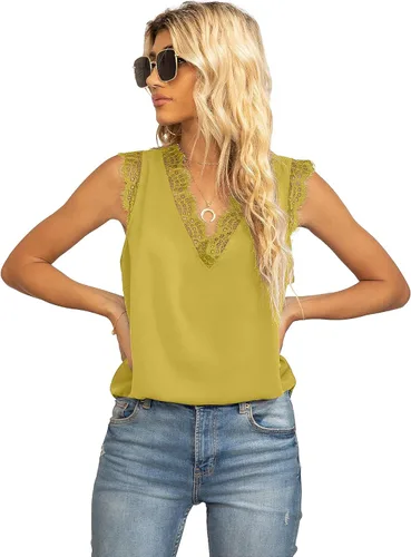 Vista 160 de VIISHOW - Camiseta sin mangas, sexy, con cuello en V y bordes de encaje para mujer, camisola de vestir, camisas de gasa, sin mangas, casuales