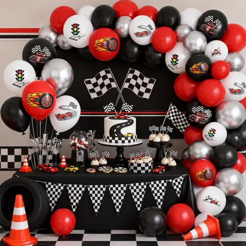 Vista 6 de Globos de coche de carreras, globo de látex de coche de carreras de 12 Negro Rojo-racing