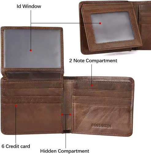Vista 4 de BOSTANTEN Billeteras de piel auténtica para hombre, con bloqueo RFID y 2 ventanas de identificación