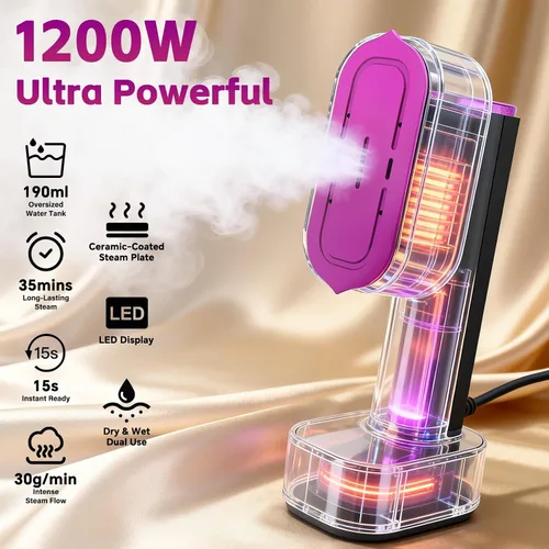 Vista 5 de Vaporizador de mano para ropa, vaporizador y plancha 2 en 1, calor rápido de 1200 W, tanque de agua desmontable de 6.4 fl oz, vaporizador portátil
