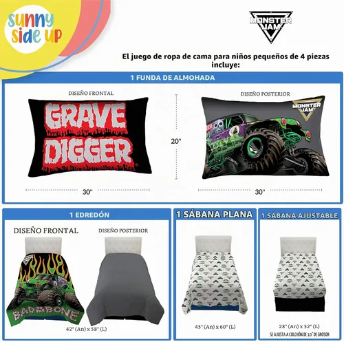 Vista 3 de Sunny Side Up Monster Jam - Juego de edredón para niños pequeños, ropa de cama preescolar de 4 piezas, incluye edredón, sábanas y funda de almohada