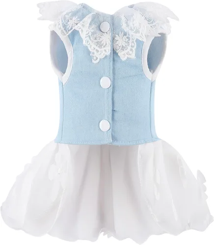 Vista 2 de Vestido de mezclilla para perro con anillo para correa, falda de princesa de malla de encaje con lazo para cachorro, ropa de moda para mascotas