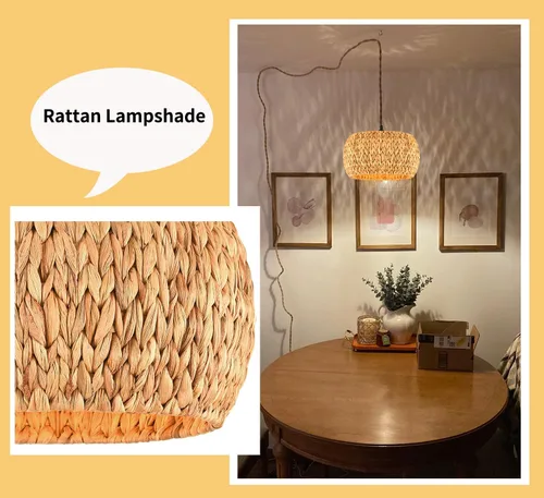 Vista 4 de ZECOXOL Lámparas colgantes enchufables con pantalla de lámpara tejida de ratán, luces colgantes bohemias con cable enchufable, interruptor