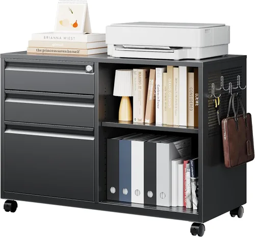 Vista 13 de Letaya Archivador móvil de 2 cajones con cerradura, soporte lateral de metal para impresora, gabinetes de almacenamiento de archivos con estantes