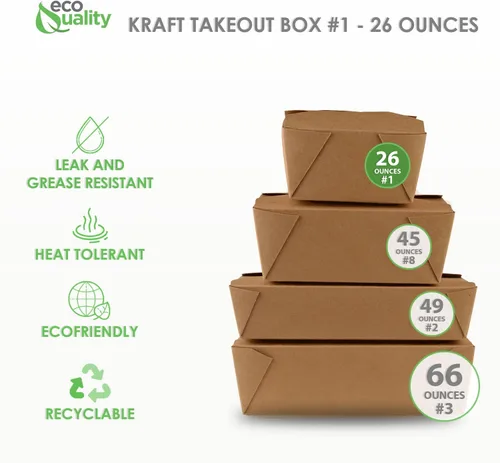 Vista 2 de EcoQuality Paquete de 25 recipientes de comida para llevar, caja de papel kraft marrón de 26 onzas, resistente a fugas y grasa, para el microondas