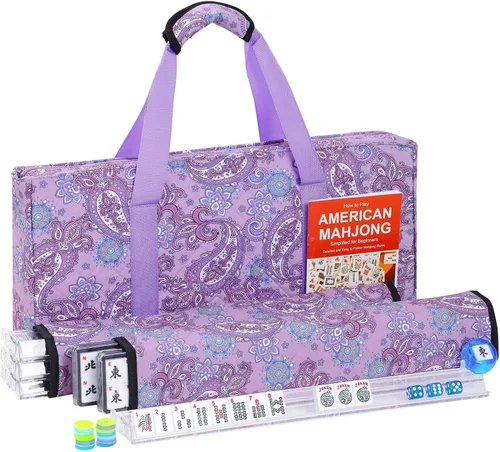 Vista 13 de Juego de Mahjong Americano GUSTARIA, 166 fichas blancas de calidad, 4 estantes/empujadores de color todo en uno, juego completo de fichas de Mahjong