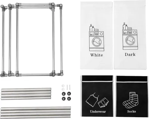 Vista 7 de Cesta de lavandería vertical de 2 niveles con 4 bolsas extraíbles para lavandería, con cuatro ruedas para fácil movimiento, espacios pequeños