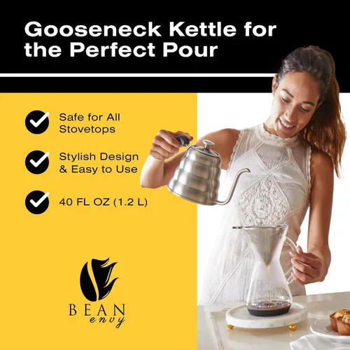 Vista 2 de Bean Envy - Estufa de cuello de cisne con termómetro 40 Oz (1,200 ml) Stainless Steel, Coffee and Tea Brewing, Ergonomic Heat-Safe Handle