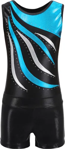 Vista 2 de MEILONGER Leotardos de gimnasia para niñas, de manga larga con pantalones cortos, trajes brillantes de una pieza para niños, colorido traje de baile