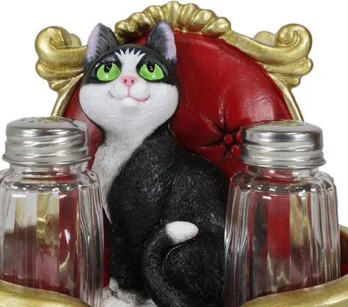 Vista 6 de Ebros Gift Royal Feline Service - Estatuilla decorativa para mesa de cocina con salero y pimentero, diseño de gato en rojo y dorado