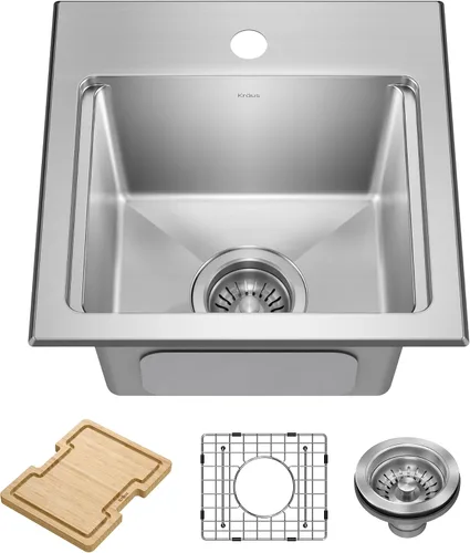 Vista 23 de KRAUS Fairlane KHT631-15 - Fregadero de cocina o bar, 15 pulgadas, montaje directo/superior, cuenco individual, de acero inoxidable de calibre 18