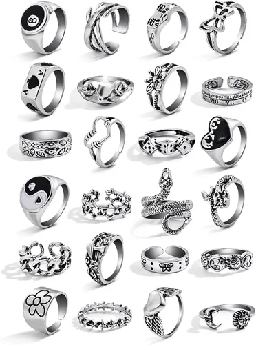 Vista 2 de IFKM Juego de 15-63 anillos de nudillos de plata vintage para mujeres y adolescentes anillos apilables de dedo articulado bohemios retro huecos