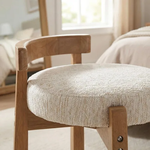 Vista 3 de DUOMAY Taburete de tocador de felpilla beige con respaldo bajo, altura del asiento de 18.75 pulgadas, otomana redonda tapizada, patas de goma
