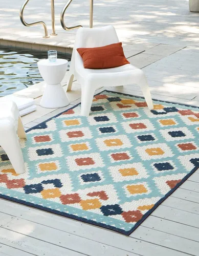 Vista 7 de Unique Loom Belize Outdoor Collection - Alfombra Sarstoon (2 x 8 pies, color marfil/azul claro)