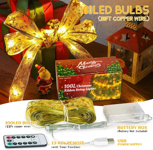 Vista 7 de Hopolon Guirnalda de luces de cobre con cinta de Navidad blanca cálida de 33 pies, 100 luces LED, 8 modos con batería y USB y funciona a distancia