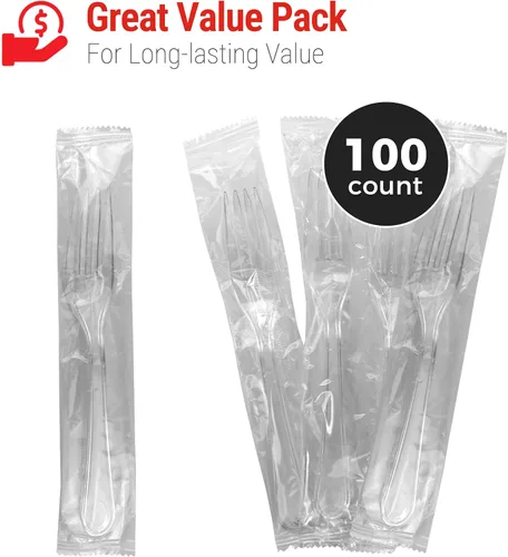 Vista 2 de 2 tenedores de plástico transparente resistentes envueltos individualmente, 100 unidades, resistentes como cubiertos, perfectos para catering