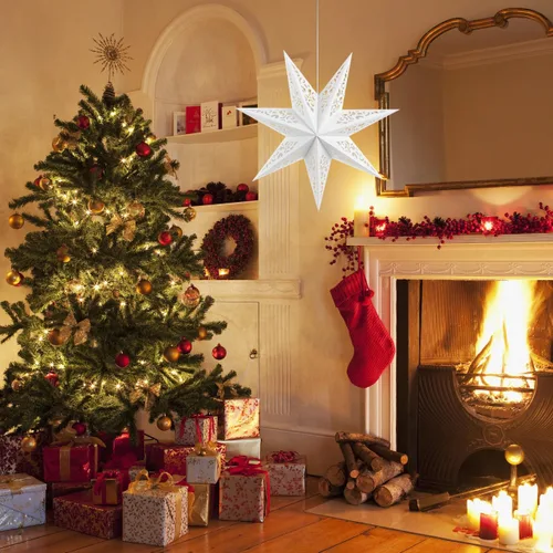 Vista 8 de LIOOBO Linternas de estrella de papel: pantalla de lámpara colgante de estrella de Navidad, luz hueca de cubierta de papel blanco, lámparas