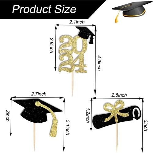 Vista 2 de Adornos para magdalenas de graduación 2023, paquete de 24 unidades con purpurina dorada clase de 2023 para decoraciones de fiesta temática
