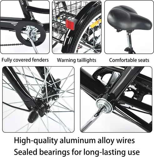 Vista 6 de Triciclo para adultos de 7 velocidades, bicicletas de 3 ruedas con asiento trasero, triciclo para adultos de 20/24 pulgadas, ruedas bajas con cesta