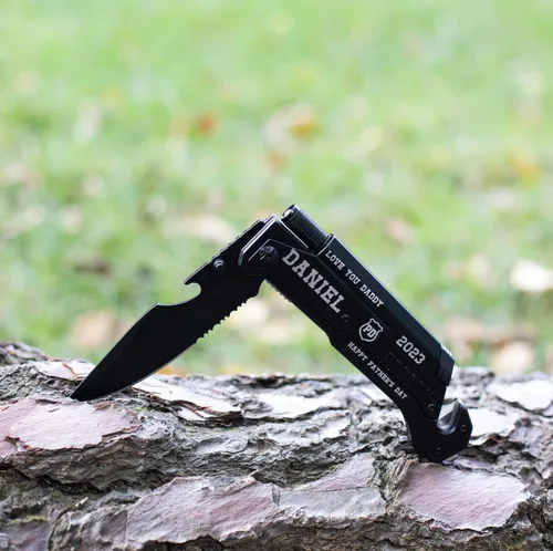 Vista 2 de Navaja de bolsillo grabada personalizada, regalo para hombres para el día del padre, negro, cuchillos de bolsillo personalizados, regalos de Navidad