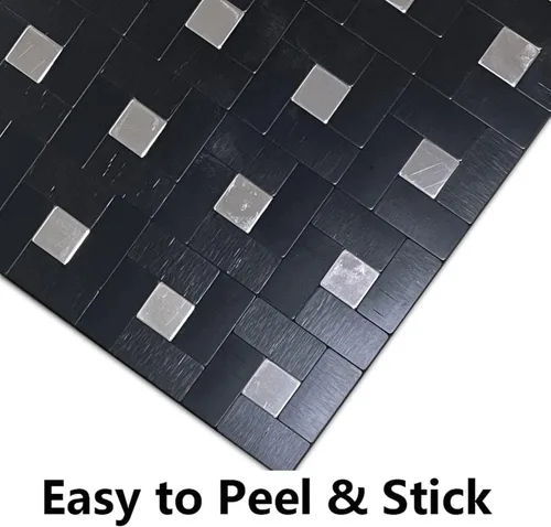 Vista 6 de Azulejo de 5 hojas para salpicaduras de despegar y pegar, adhesivo de metal autoadhesivo, azulejos de mosaico de aluminio cepillado para cocina