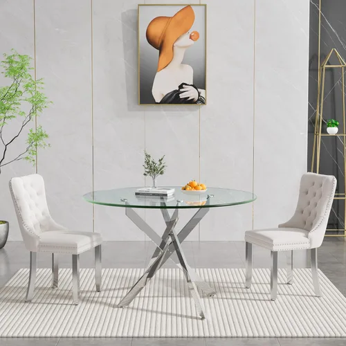 Vista 2 de Juego de mesa de comedor de cristal plateado moderno de 47 pulgadas para 2, juego de mesa de comedor de cocina redonda de 3 piezas con patas
