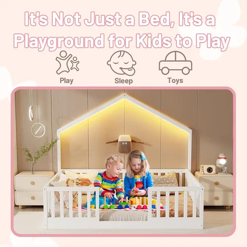 Vista 4 de Cama Montessori Full con rieles altos y luz LED, color blanco