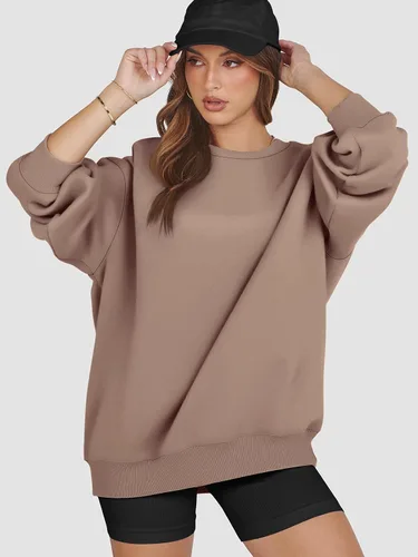 Vista 4 de ATHMILE Sudadera de gran tamaño para mujer, cuello redondo, forro polar, manga larga, sudaderas con capucha, tops de otoño, ropa de moda 2025