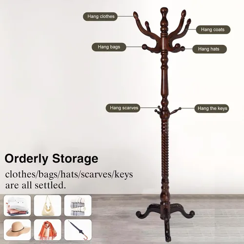 Vista 3 de Perchero de madera independiente, colgador de árbol de pasillo con ganchos de resina, perchero ajustable y resistente para colgar ropa, bolsos