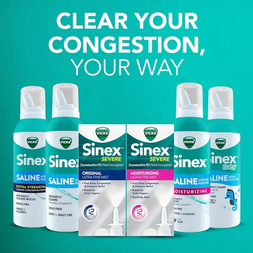 Vista 12 de VICKS Sinex Spray Nasal Salino de Fuerza Extra, Niebla Ultra Fina 3X Concentrada* Sin Medicamentos, Elimina la Mucosidad al Instante, Ultra