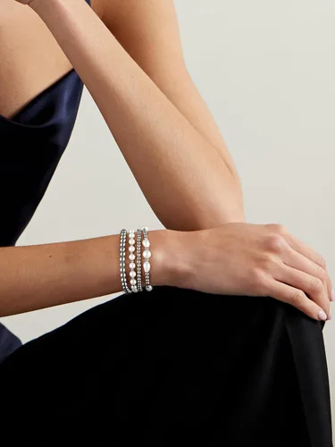 Vista 4 de Pulseras de cuentas de oro para mujer, perlas barrocas apilables, chapadas en oro de 14 quilates, pulsera de bolas elásticas para regalo de joyería