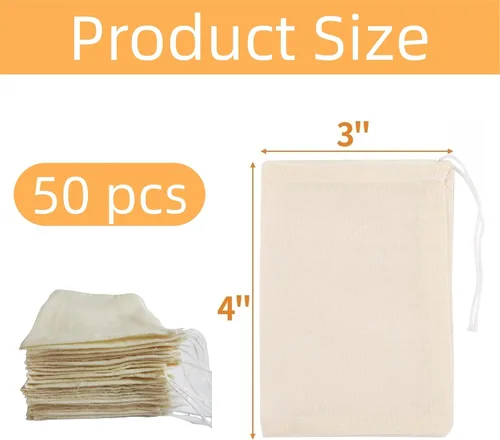 Vista 2 de Paquete de 50 bolsas de muselina de algodón con cordón, bolsas de té reutilizables, bolsas de especias/bolsas de filtro para té de hojas sueltas