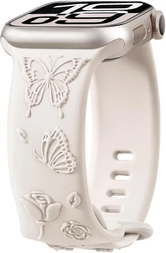 Vista 13 de Melyis Correa deportiva de silicona suave grabada con diseño floral y mariposa compatible con Apple Watch de 1.575 pulgadas, 1.614 pulgadas, 1.496