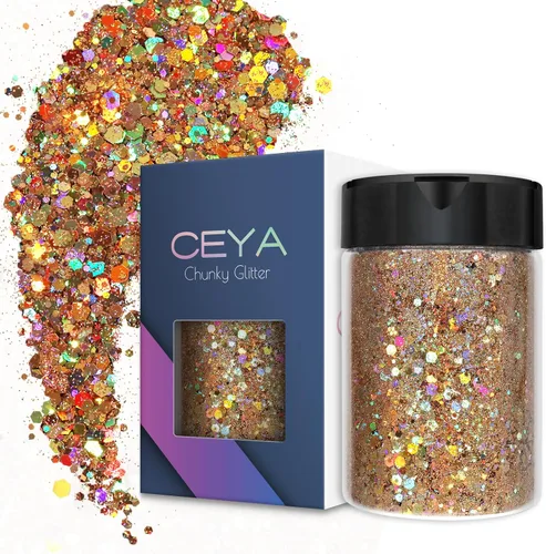 Vista 8 de Ceya Brillantina gruesa holográfica, 1 libra/16 onzas, oro diamante a granel, purpurina mixta gruesa y fina embotellada con lentejuelas metálicas