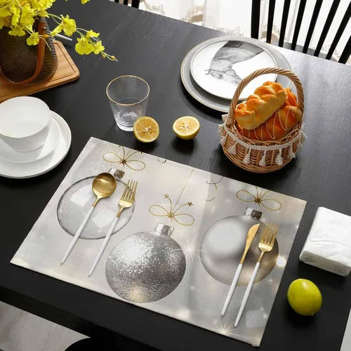 Vista 8 de Juego de 6 manteles individuales de bolas de Navidad para mesa de comedor, paño de lino de algodón para mesa cuadrada/rectangular/redonda