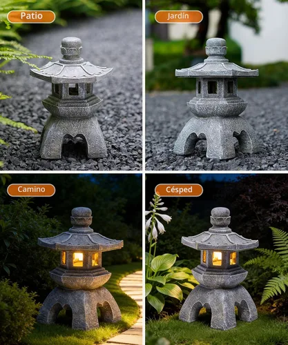 Vista 7 de Nacome - Estatua de lámpara de pagoda solar para jardín, decoración zen asiática para interiores y exteriores para paisaje, balcón, jardín, patio