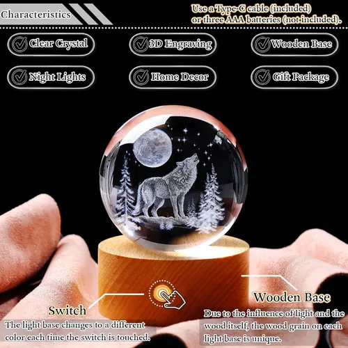 Vista 4 de Ornalrist 3D Wolf Gifts 3.15in Crystal Ball Decor Figurine for Women Men