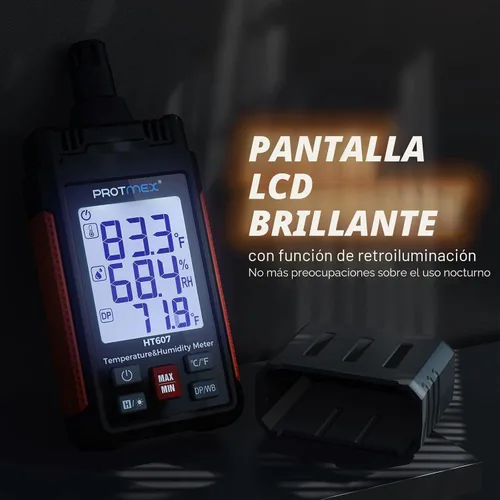 Vista 5 de Protmex HT607 Medidor de temperatura y humedad higrómetro digital de alta precisión con ambiente, humedad relativa, punto de rocío, termómetro