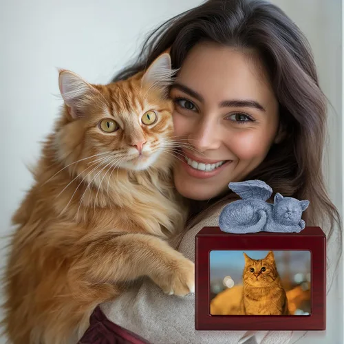 Vista 7 de Urna de gato para cenizas, recuerdo de madera para cenizas con marco de fotos, caja de cremación roja cereza con estatua de resina y bolsas