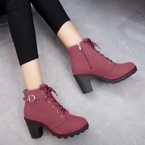 Vista 5 de Botines de tacón grueso para mujer, elegantes tacones altos, botas de combate con cremallera lateral, cómodas botas de combate