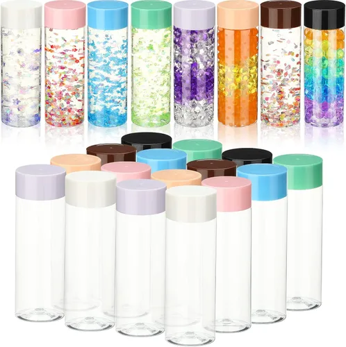 Vista 11 de Hoolerry 16 botellas sensoriales de plástico vacías con tapas, botellas de agua sensoriales de plástico transparente reutilizables