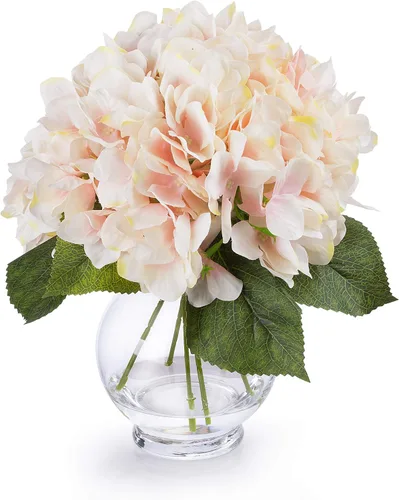Vista 5 de Arreglo de flores de hortensias de seda artificial mixta en jarrón de vidrio transparente para decoración de boda del hogar (azul)