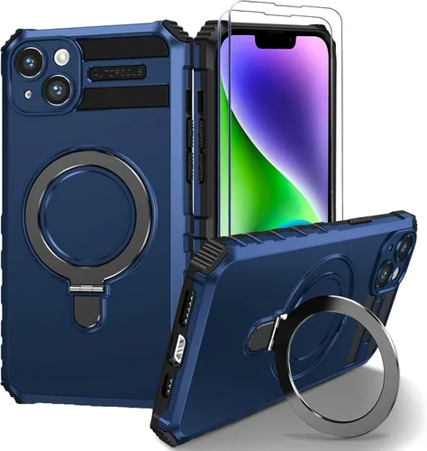 Vista 17 de Funda magnética para iPhone 11 [compatible con MagSafe] con 2 protectores de pantalla de vidrio templado con soporte de anillo, grado militar Azul