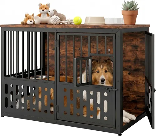 Vista 13 de Yafylly Jaula para perros pequeños de 32 pulgadas, muebles de madera para perros pequeños y medianos, ventana interactiva, cuencos ajustables
